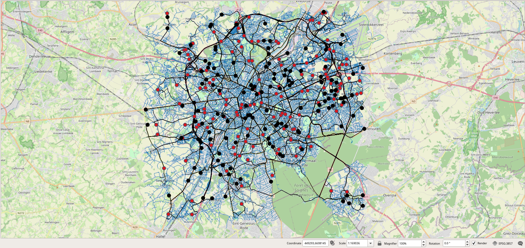 Visualization of the trips in QGIS. The streets are shown in blue, the trips are shown in black, the home nodes in black and the work nodes in red.