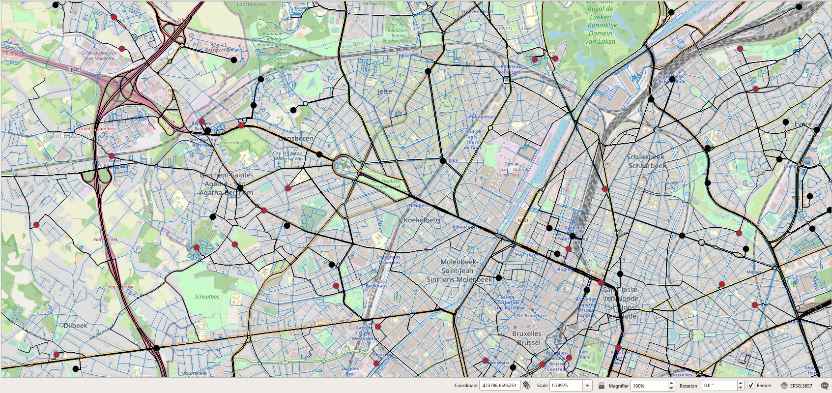 Visualization of the trips in QGIS. The streets are shown in blue, the trips are shown in black, the home nodes in black and the work nodes in red.