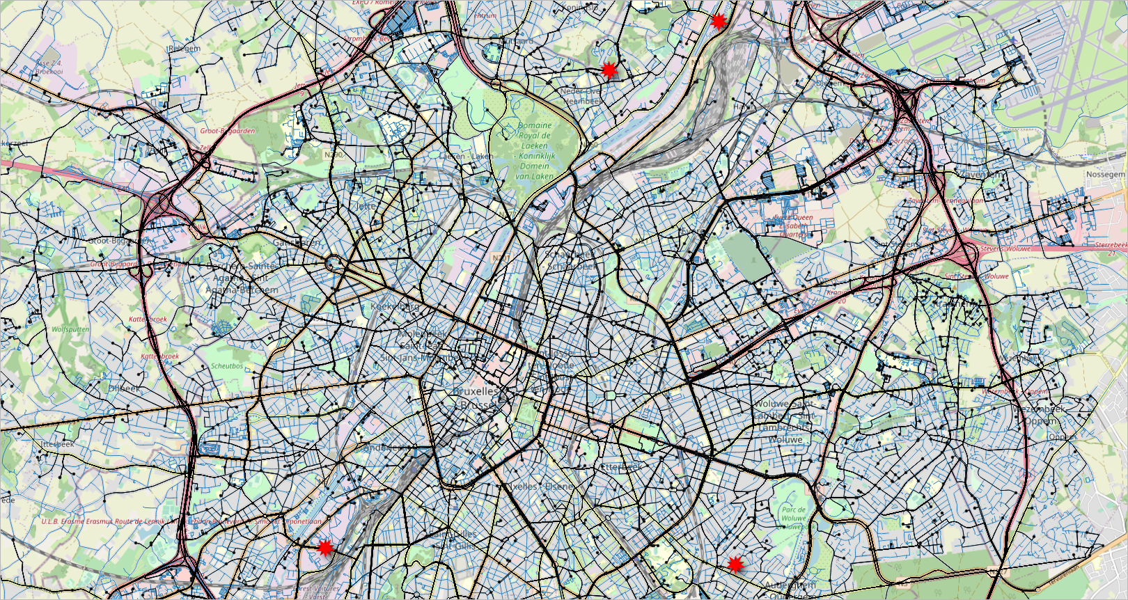 Visualization of the data generated for the deliveries scenario. The road network is shown with blue lines, the warehouses are shown with a red star, the routes taken by the deliveries are shown with black lines, and the location of the customers with black points.