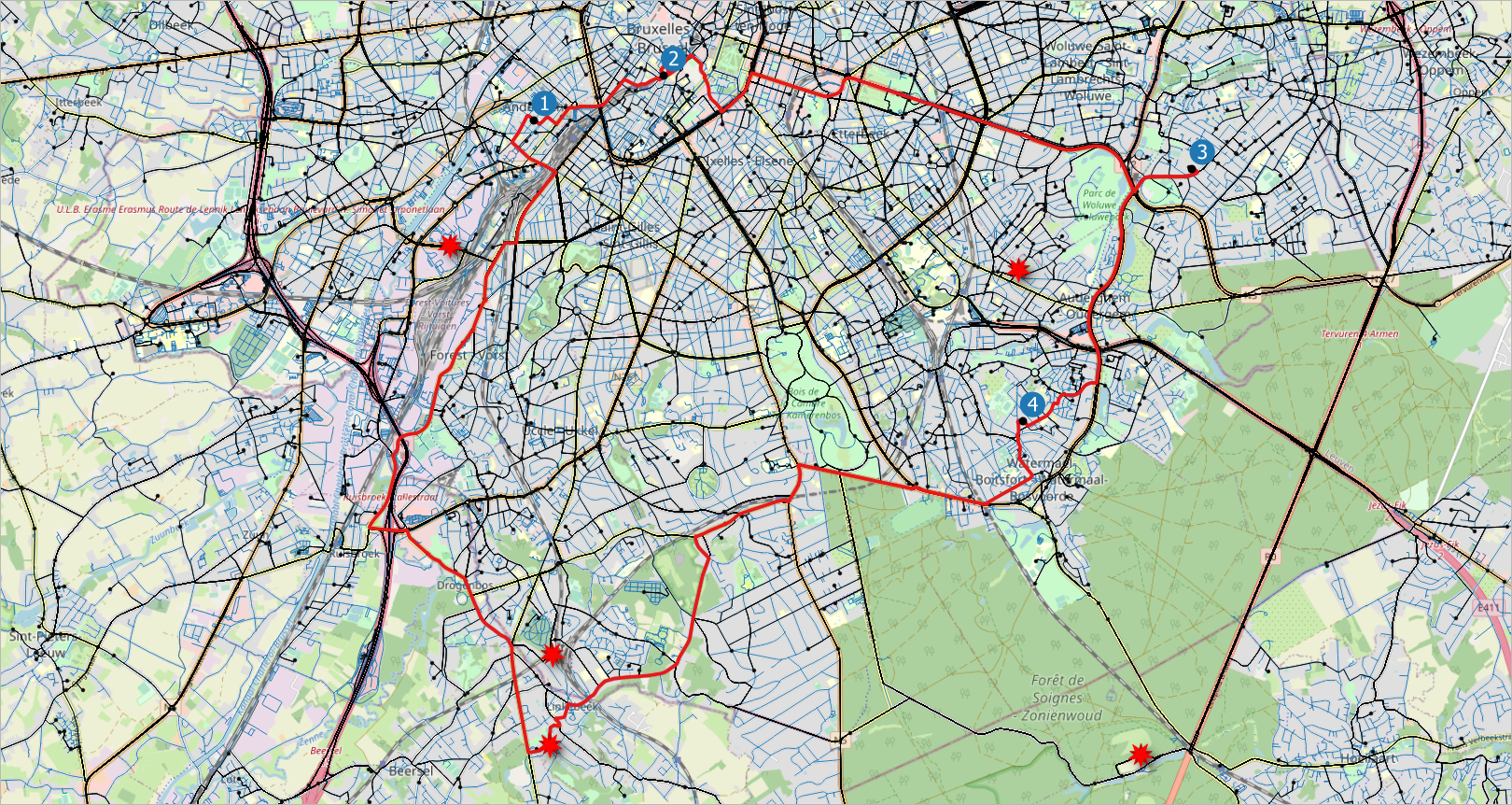 Visualization of the deliveries of one vehicle during one day. A delivery trip starts and ends at a warehouse and make the deliveries to several customers, four in this case.