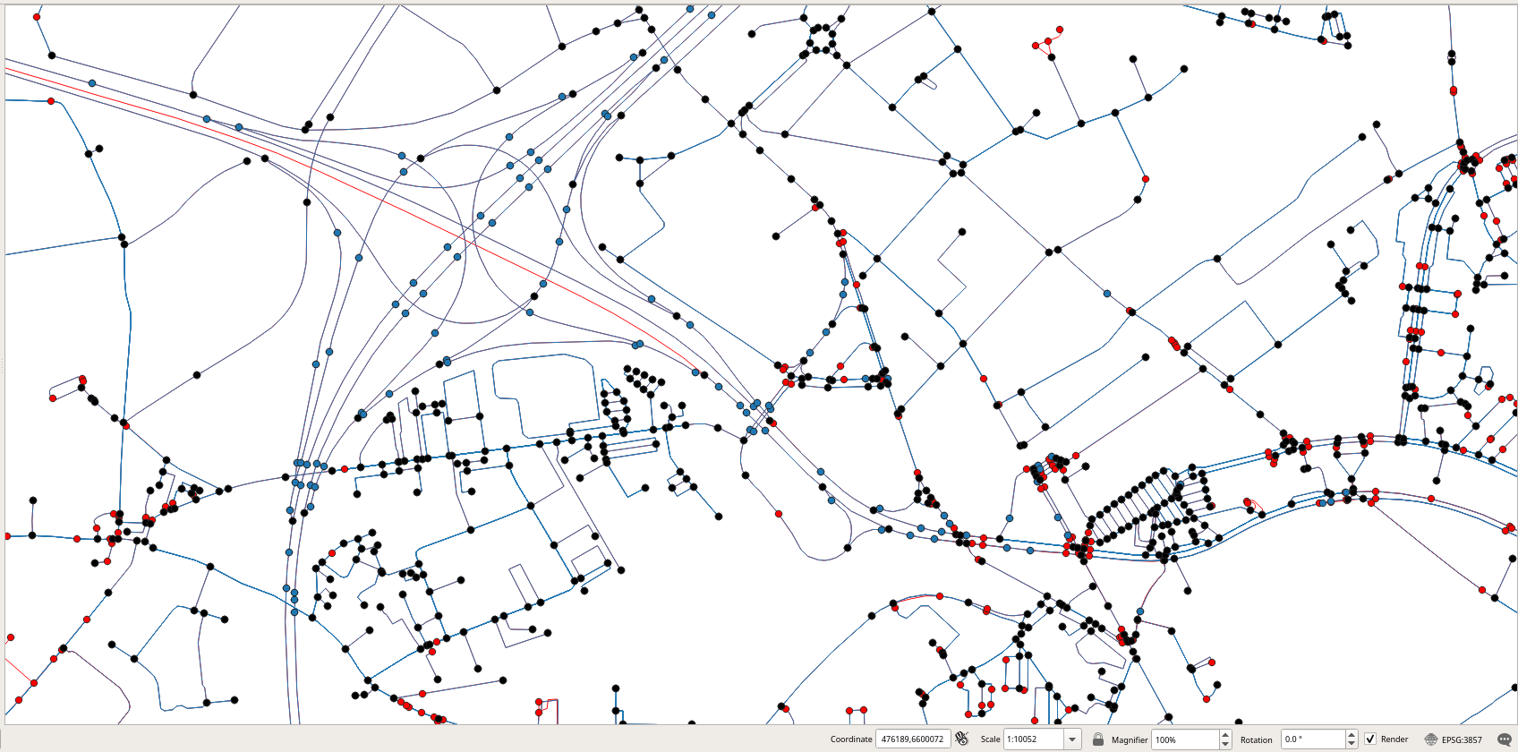 Comparison of the nodes obtained by contracting the graph (in black), before contraction (in blue), and those obtained by osm2pgrouting (in red).