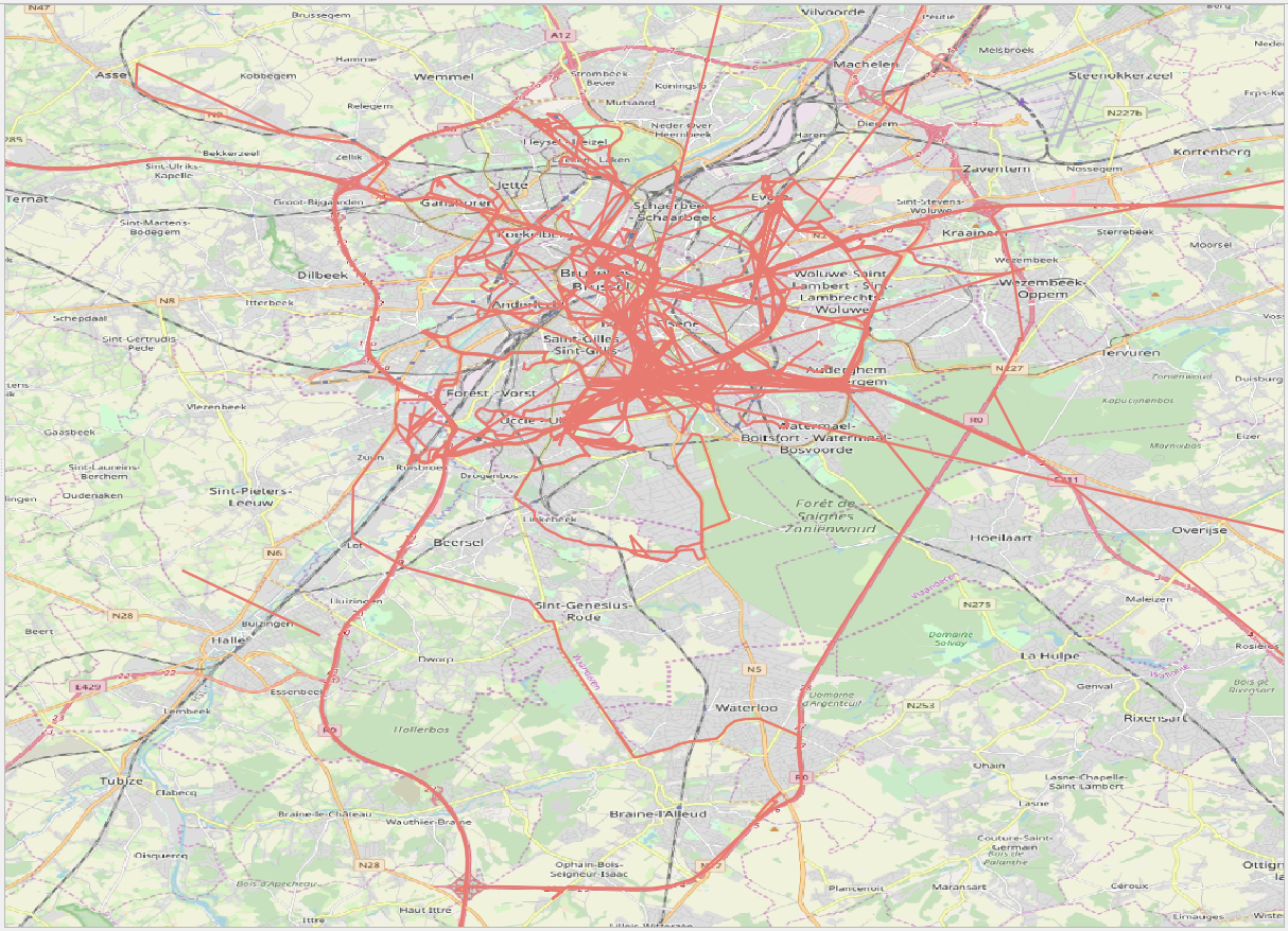 Visualization of the Google location history loaded into MobilityDB.