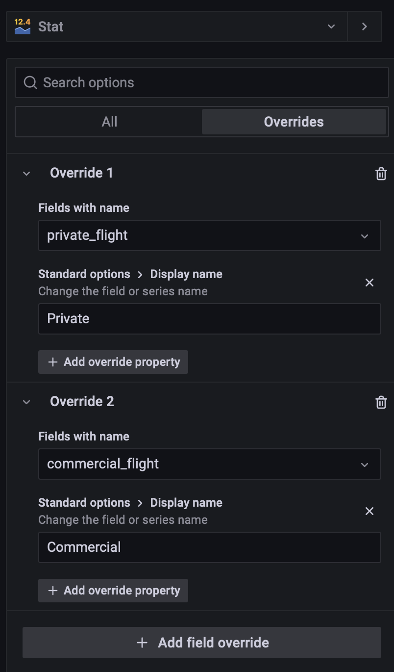 Override options for panel with multiple queries