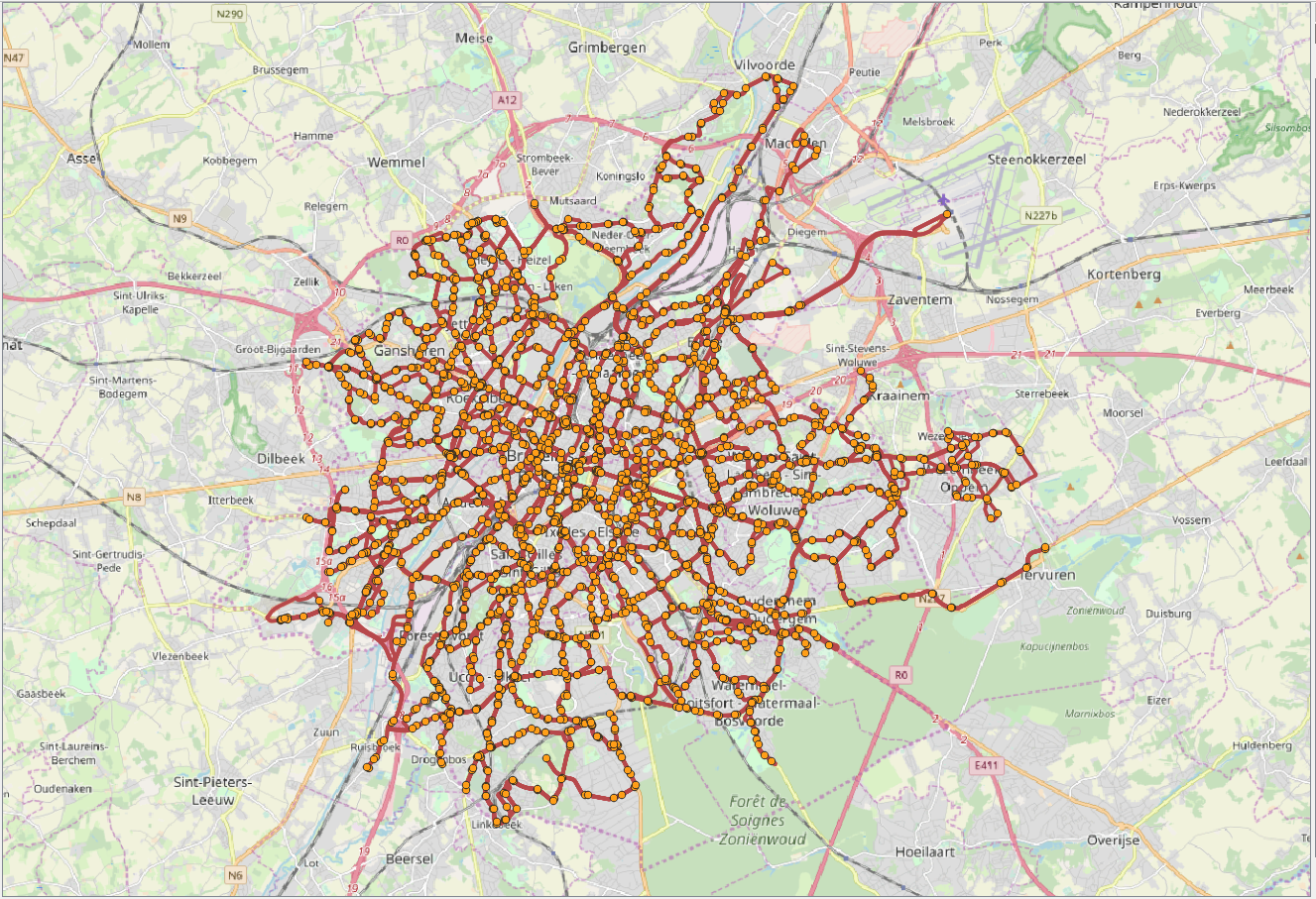 Visualization of the routes and stops for the GTFS data from Brussels.